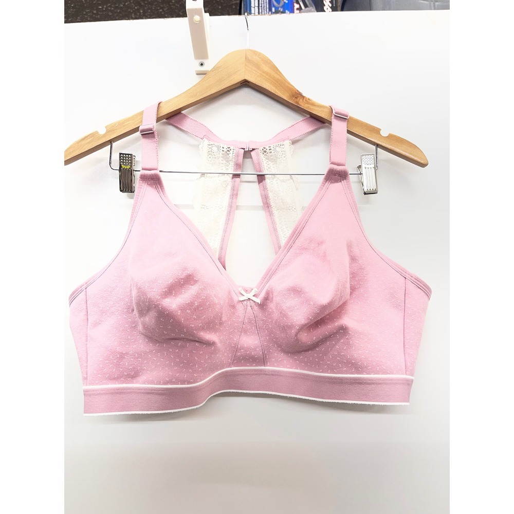 Cacique Pink Pin Dot Lace Racerback Wireless Bra 44D Adjustable Straps